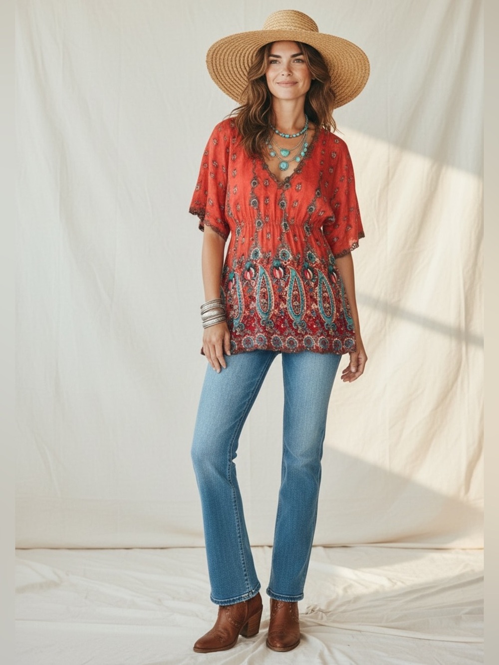 Johnny Was Silk Tunic Blouse XS Orange Floral Boho Embroidered V Neck